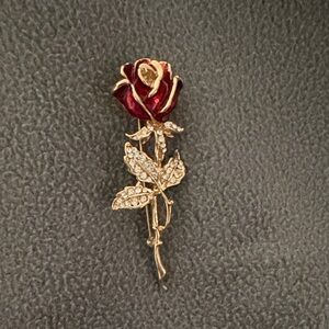 Vintage Red Rose Enamel Brooch Pin Gold Tone Rhinestone